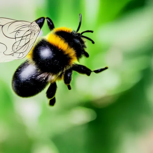 Image similar to a bumblebee with floral anatomy sits on a finger, 5 0 mm lens, f 1. 4, sharp focus, ethereal, emotionally evoking, head in focus, volumetric lighting, blur dreamy outdoor