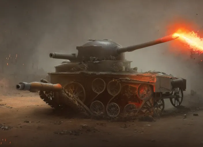 Prompt: A World War 1 Tank firing his gun to a building causing it to collapse and explode, Battlefield 1, extremely detailed digital painting, in the style of Fenghua Zhong and Ruan Jia and jeremy lipking and Peter Mohrbacher, mystical colors, rim light, beautiful Lighting, 8k, stunning scene, raytracing, octane, trending on artstation
