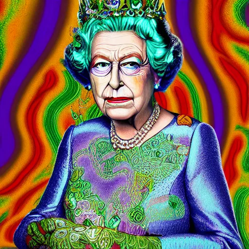 Image similar to an extremely psychedelic portrait of queen elizabeth as the riddler, surreal, lsd, face, detailed, intricate, elegant, lithe, highly detailed, digital oth, sharp focus, illustration,