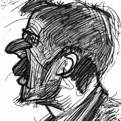 Prompt: a realistic yet scraggly portrait sketch of the side profile of a stern and sophisticated eustace bagge, trending on artstation, intricate details, in the style of frank auerbach, in the style of sergio aragones, in the style of martin ansin, in the style of david aja, in the style of mattias adolfsson