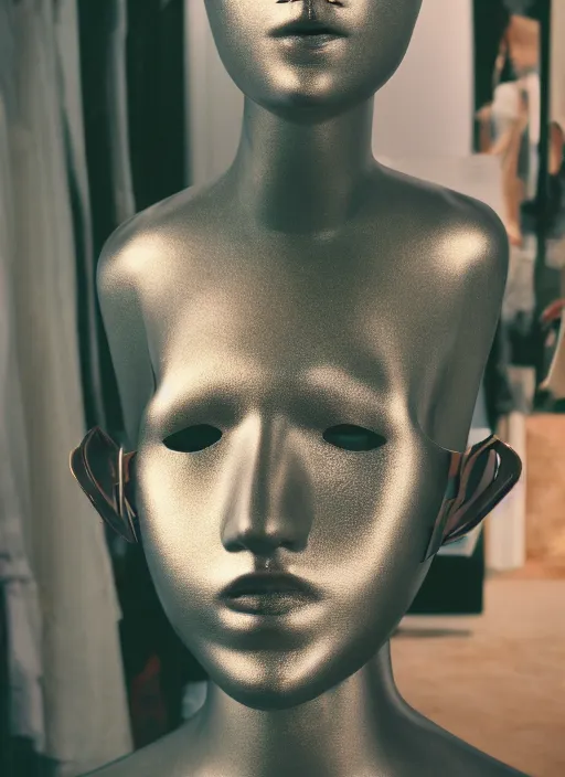 Image similar to a fashion portrait photograph of a mannequin wearing a metal mask with big spheres designed by wes anderson, 3 5 mm, color film camera, pentax