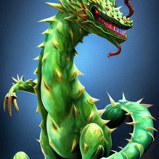 Prompt: A detailed digital painting of a realistic cactus dragon. Huge dragon. Trending on Artstation.
