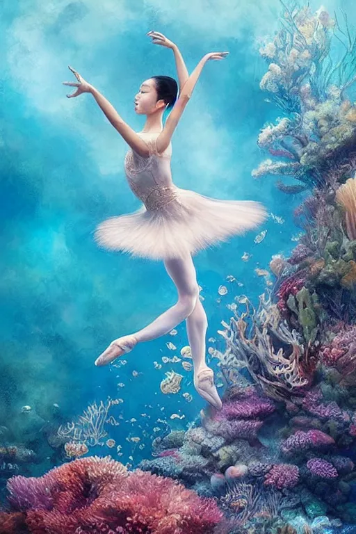 Image similar to stunningly beautiful, asian prima ballerina at the bottom of the great barrier reef, smooth, focus, highly detailed, hyper realistic, dramatic lighting, intricate, concept art, art by wlop, mars ravelo