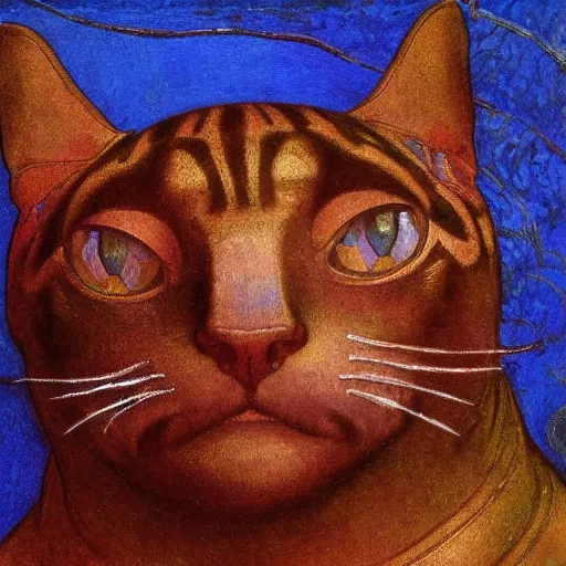 Prompt: masterpiece sculpture of a cloisonne cat head, by annie swynnerton and diego rivera and nicholas roerich and jean delville, symbolist, dramatic lighting, god rays, art brut, rich colors, smooth, sharp focus, extremely detailed, adolf wolfli and ( donato giancola and bilibin )