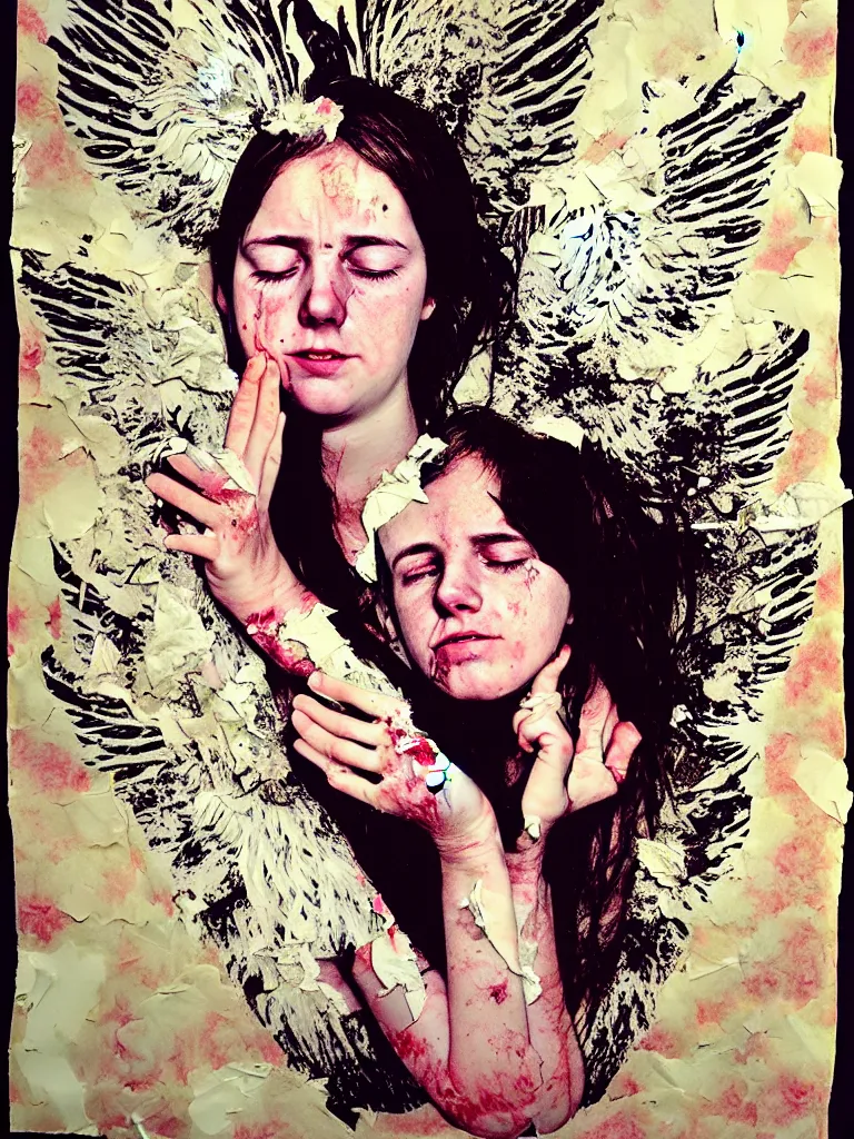 Prompt: a young adult angelgirl soft crying with lots of hands on her face and ratty feathered angel wings, stressed and burnt out, collage effect, collaged, torn paper, overexposure, overexposed, high exposure