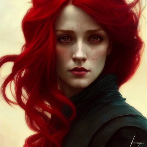 Image similar to long fancy red hair rogue, portrait, gentle, solemn face, cloth, female, city background, d & d, fantasy, intricate, elegant, digital painting, red green color palette, artstation, octane render, concept art, matte, sharp focus, illustration, herrarthstone, art by artgerm and greg rutkowski and alphonse mucha