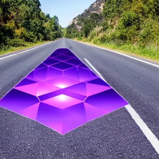 Image similar to hexagonal rhunic plane on a road with purple galaxy seeping out of the hexagons