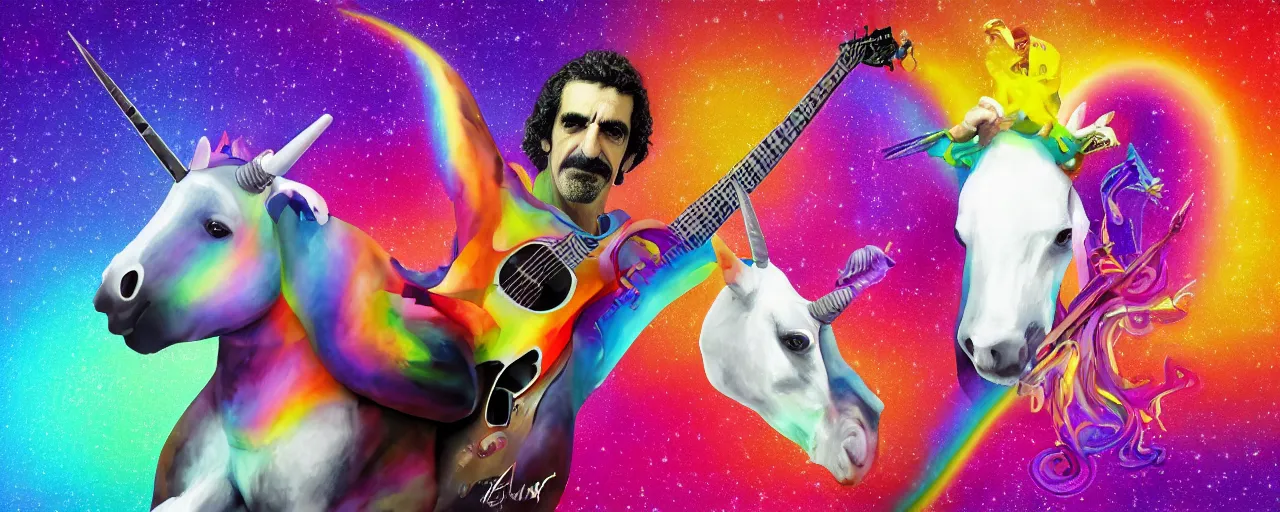 Prompt: A 3d rendered colourful portrait of frank zappa playing an electric guitar whilst riding a unicorn, digital art, 4k