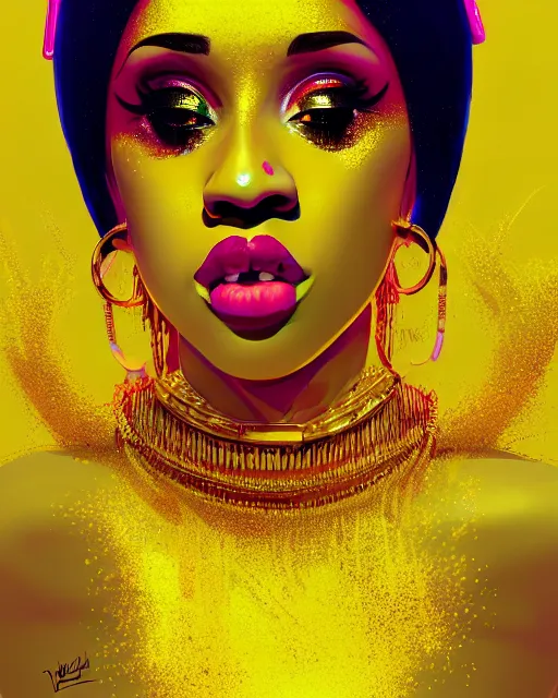Image similar to Cardi B bathing in a gold tub, futuristic neon, decorated with traditional Japanese ornaments by Ismail inceoglu dragan bibin hans thoma greg rutkowski Alexandros Pyromallis Nekro Rene Maritte Illustrated, Perfect face, fine details, realistic shaded, fine-face, pretty face