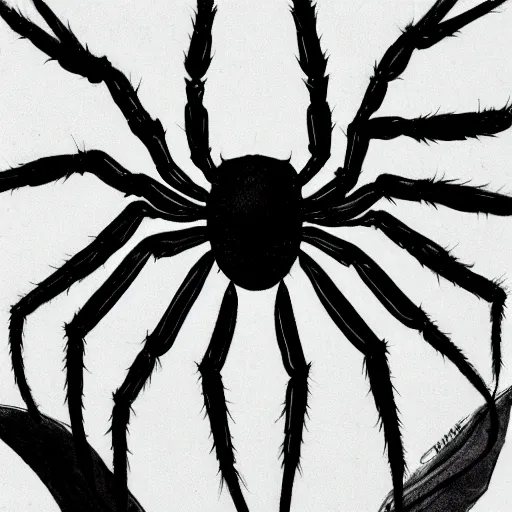 Image similar to spider, black and white, botanical illustration, black ink on white paper, bold lines