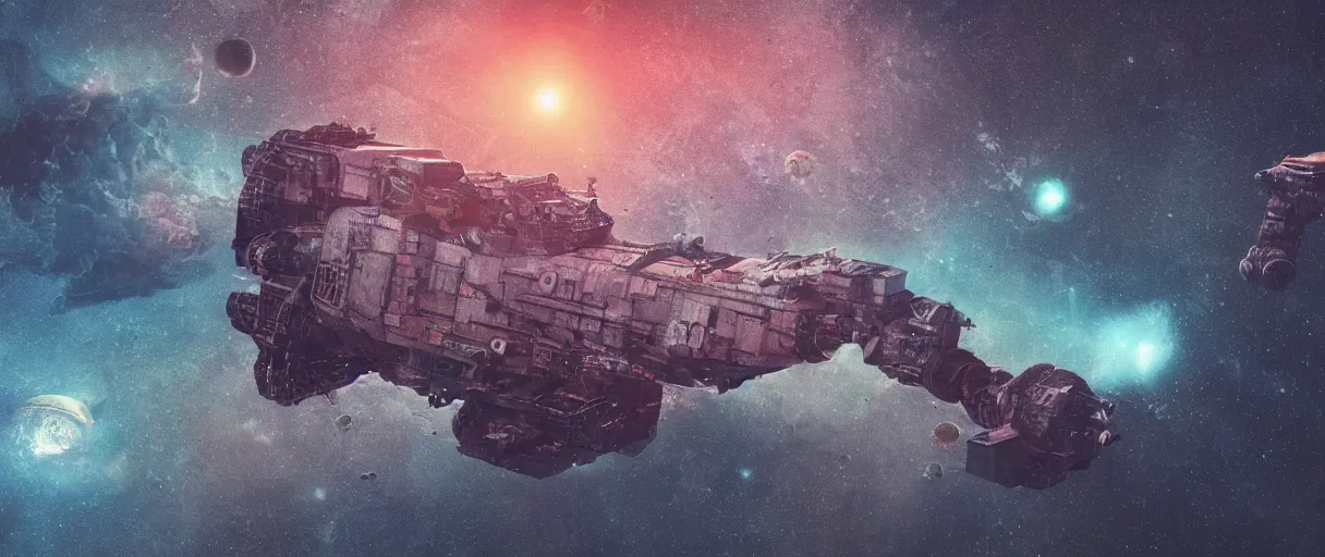 Image similar to tiny spaceship!!, deep space exploration!!!, flying, the expanse tv series, industrial design, the final frontier, illustrative!!, punk, space pirate, painterly, hyperdetailed, hyperrealistic, utilitarian cargo ship, cinematic lighting, 4k, wide angle, beksinski, (neon colors)