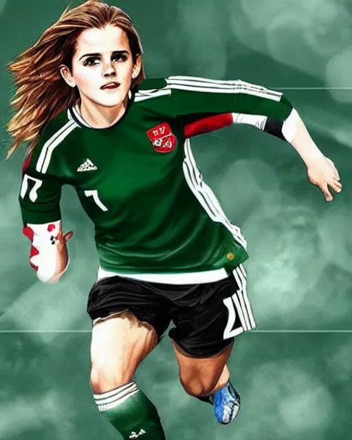 Image similar to emma watson as lokomotiv football player, hyper realistic, highly detailed