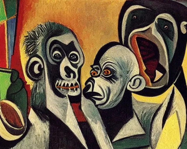 Prompt: A goblin talking to a gorilla in a concert hall, Painting by Pablo Picasso