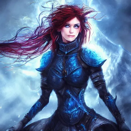 Image similar to the picture of a beautiful woman knight, blue eyes, fire forged hair, epic fantasy art, mystical, mystic atmosphere, mythology, photo realistic, high detail, ultra realistic, hyper realistic, high definiton, 4 k uhd,