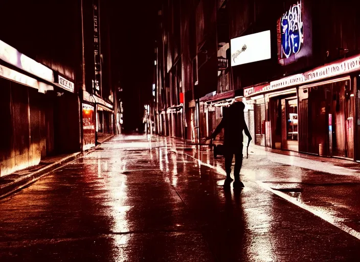 Prompt: a silhouetted person with long, flowing hair rides a skateboard through an empty neon - lit brutalist city in the rain, colored gel lighting, reflective surfaces, midnight, portra, film grain, high contrast, hyperdetailed, chromatic aberration, reminiscent of blade runner, dynamic pose