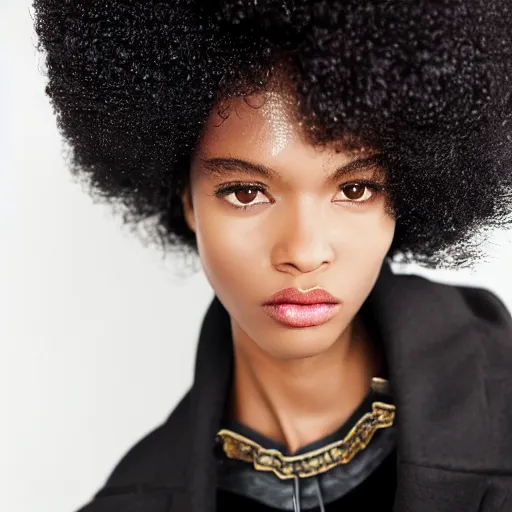 Prompt: close up of face of a black fashion model with afro, standing at black wall, official valentino editorial, highly detailed