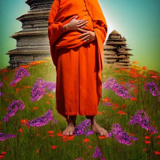 Prompt: slightly rusty robot monk in orange robes meditating in front of a worn stone shrine on a hilltop with wildflowers, digital illustration