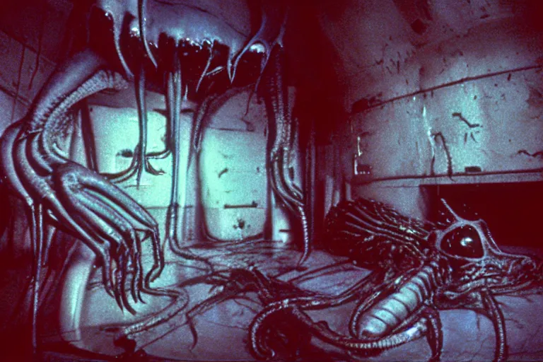 Image similar to peppa the pig infected by xenomorph from movie alien 1 9 7 9, staying at nostromo spaceship. extreme long shot, cinestill, giger, hermann nitsch, dark colors