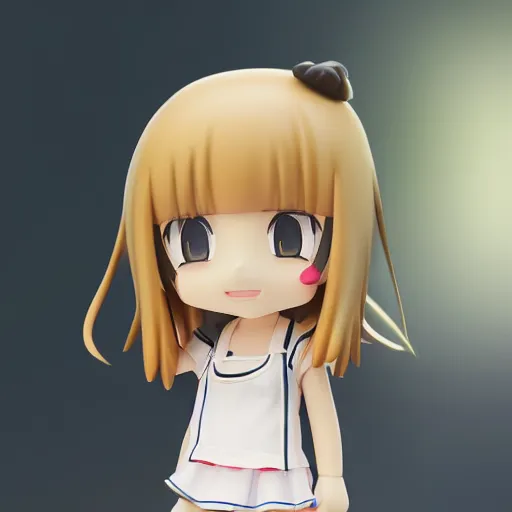 Image similar to toon rendering character face portrait of a singular kawaii chibi in the sytle of kyoto animation, in simple background, nendoroid eyes, blender, toon rendering, toon shader, anime waifu, ukiyoe