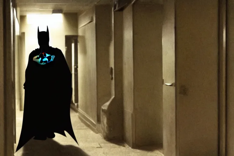 Prompt: batman wielding axe, chasing man through hallway, atmospheric eerie lighting, bodycam footage, photograph