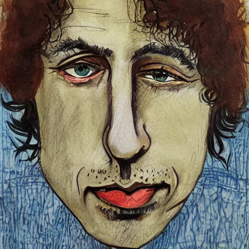 Prompt: exaggerated caricature portrait of bob dylan art by peter doig