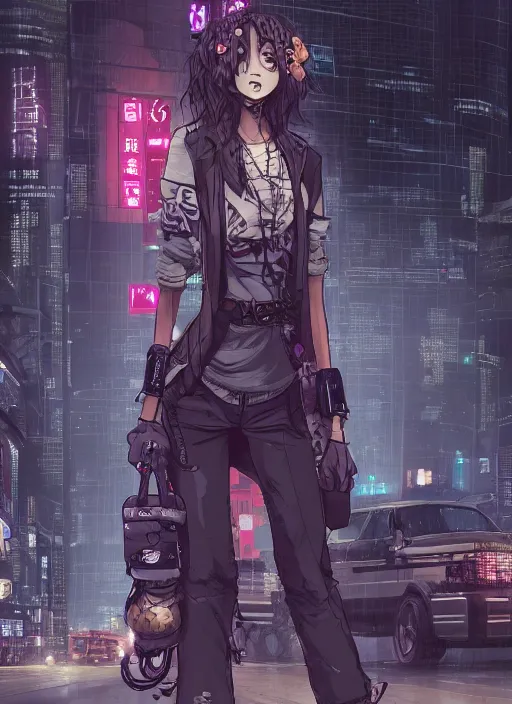 Image similar to character portrait of a female anthro hyena fursona with a cute beautiful attractive furry face and long black curly hair wearing stylish clothes in a cyberpunk city at night while it rains. hidari, color page, tankoban, 4K, tone mapping, Akihiko Yoshida.