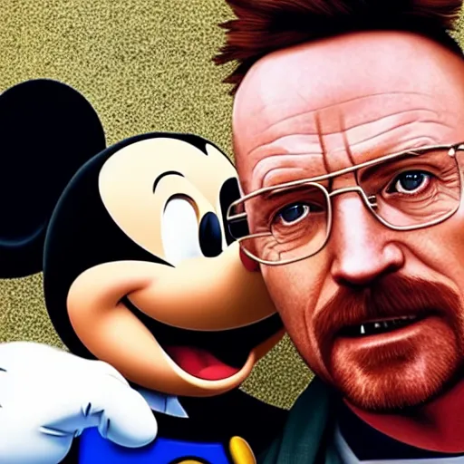 Image similar to walter white and jesse pinkman doing a selfie with mickey mouse, realistic