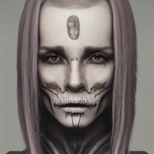 Image similar to a portrait of a woman with a skull text, award winning, trending on artstation, unreal engine