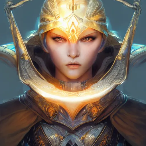 Image similar to fantasy paladin woman, symmetrical portrait, holy glow, by Yoshitaka Amano, Ruan Jia, Kentaro Miura, Artgerm, 8k