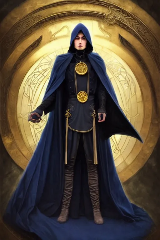 Prompt: handsome mage holding a sphere - tellurion!, long black hair blue eyes wearing leather mantle gothic navy cloak with gold details, castle town, fantasy character portrait, ultra realistic, intricate, elegant, highly detailed, digital painting, artstaion, smooth, sharp, focus, illustration, art by artgerm and greg rutkowski and alphonse mucha