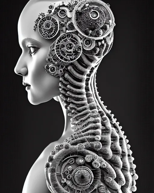 Image similar to mythical black and white organic bio-mechanical spinal ribbed profile face portrait detail of silver mechanical beautiful female angelic-queen-vegetal-cyborg, highly detailed, intricate steampunk flower and diamonds and gemstones ornate, poetic, 3D render, digital art, octane render, 8K artistic photography, photo-realistic, by Dora Maar