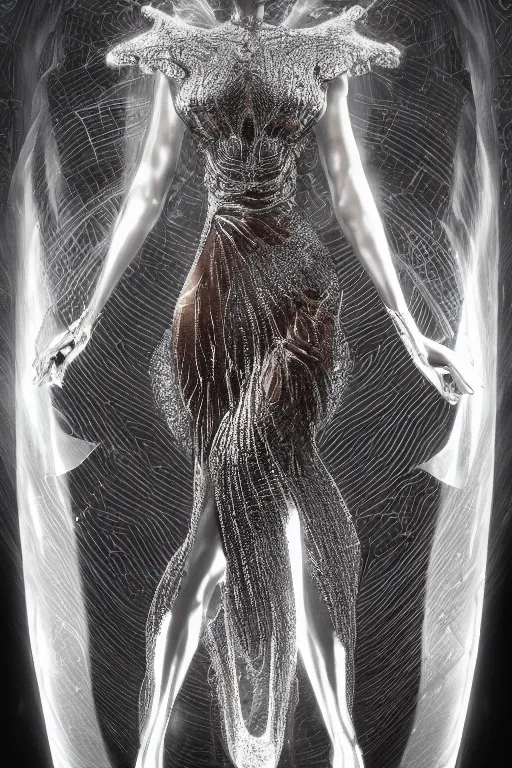 Image similar to a portrait of a beautiful ancient alien woman goddess bella hadid deity standing in iris van herpen dress in diamonds and fractals in style of alphonse mucha art nuvo dmt trending on artstation made in unreal engine 4