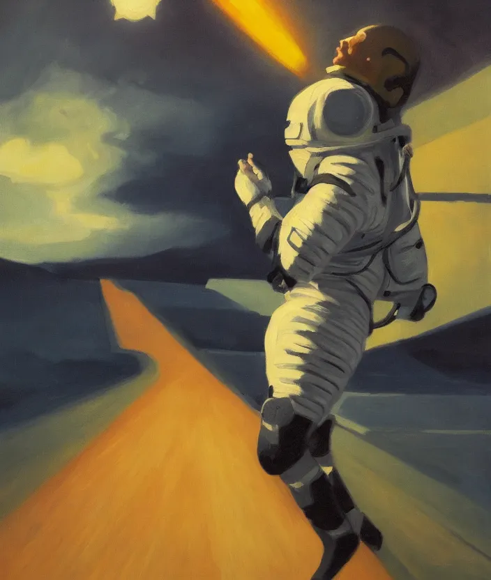 Image similar to a portrait oil painting of a screaming astronaut, dramatic and cinematic light, the background is a black sky with stars, in the style of thomas croft and edward hopper, 4 k,