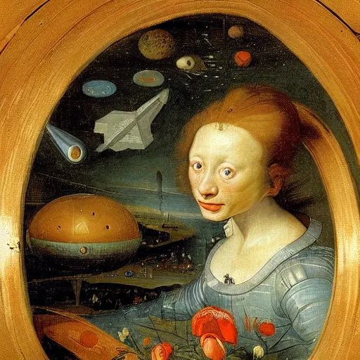 Prompt: Woman inside a spaceship, by Jan Brueghel the Elder