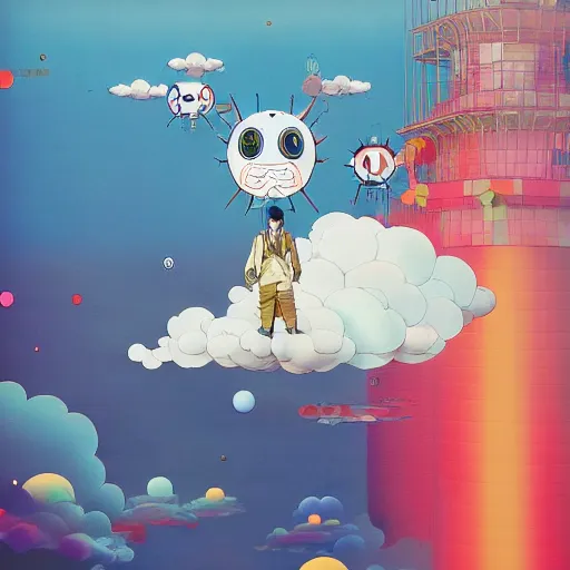 Image similar to a man walking on clouds above kyoto by takashi murakami, beeple and james jean, aya takano color style, 4 k, super detailed