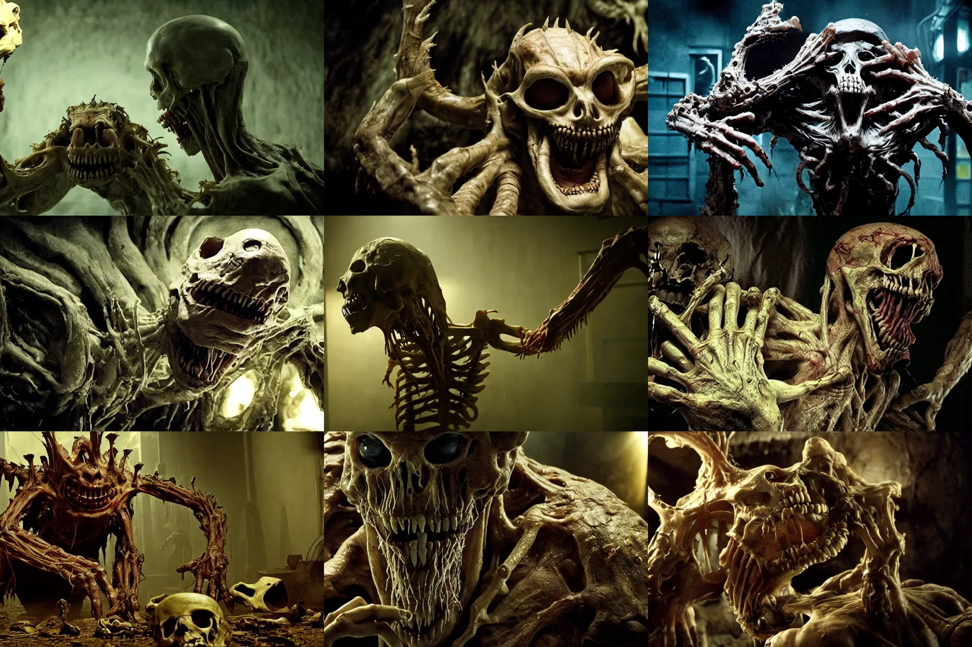 Prompt: monster with bones protruding from its face, flesh, cinematic lighting, horror movie, lovecraftian, cosmic horror, movie still, life action movie directed by david cronenberg and guillermo del toro