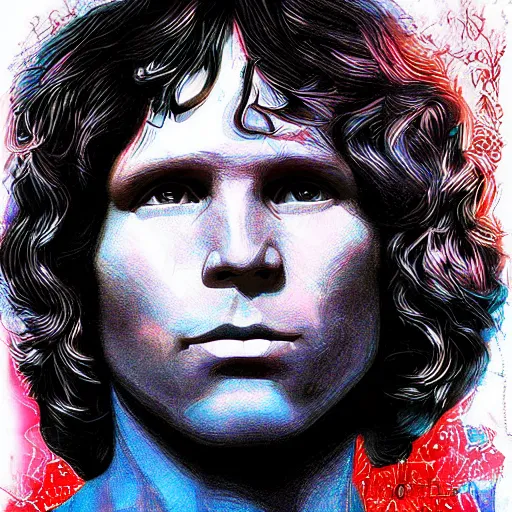 Prompt: Jim Morrison, The Doors, Detailed, Mixed Media, Cream paper, black, red, cyan, Digital Art. DeviantArt