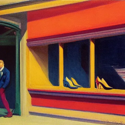 Prompt: a detailed painting, blonde man at a shoe store, edward hopper,