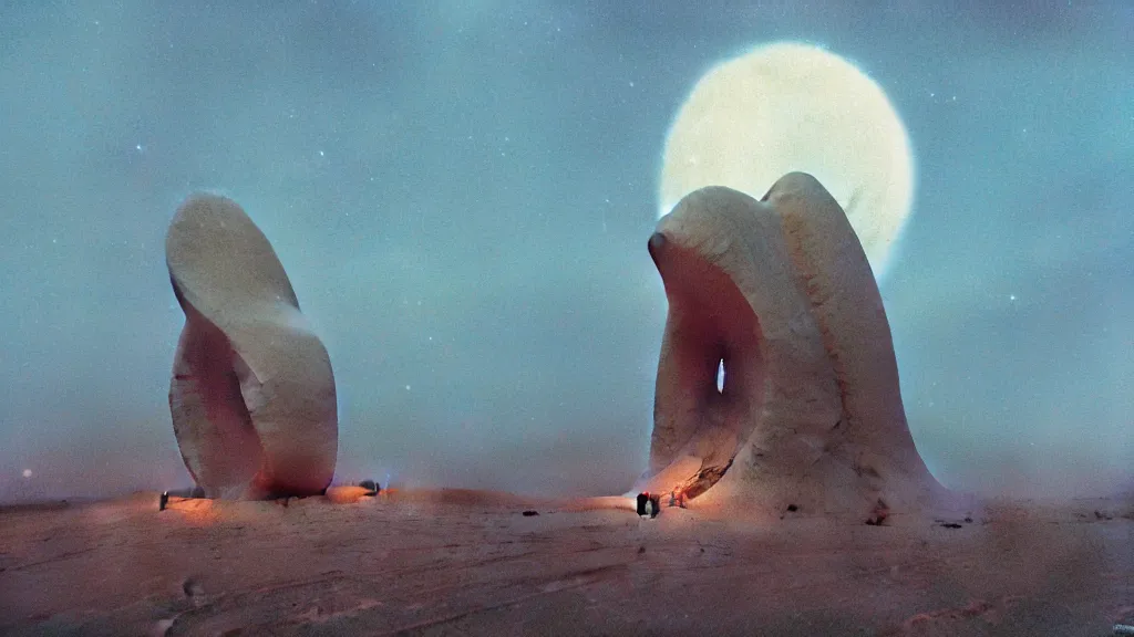 Image similar to mysterious sculpture of an alien crescent moon by paul lehr and john schoenherr, cinematic matte painting