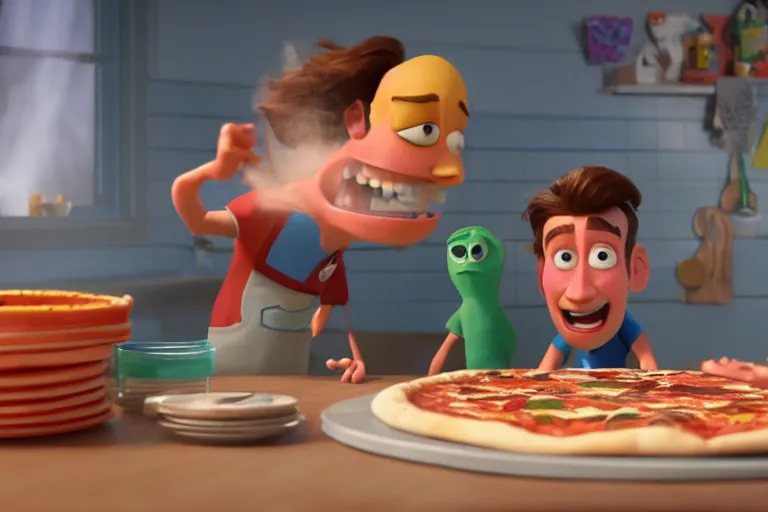 Prompt: still from a Pixar movie of Joe Keery making a pizza, high quality 3d render, movie, Pixar, Renderman, 4k, artstation