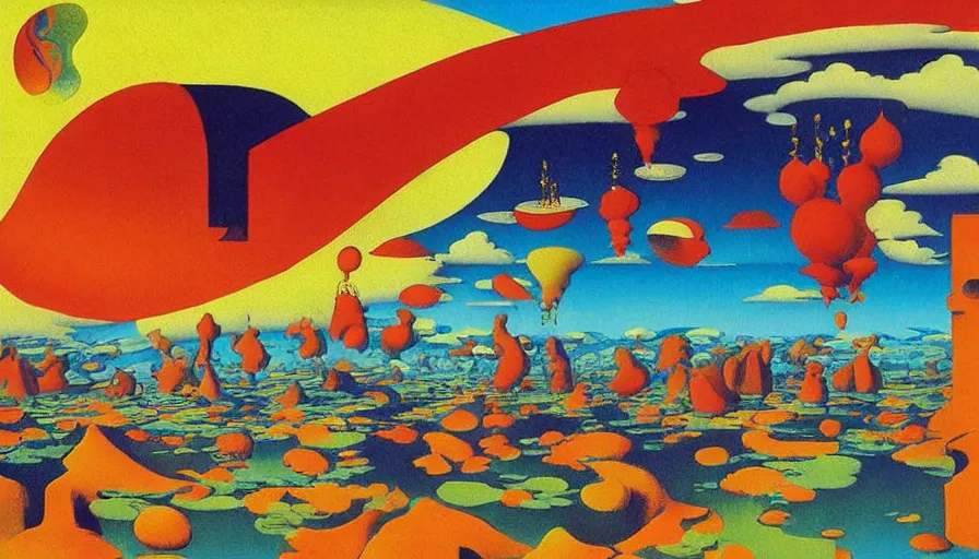 Image similar to Japan travel and tourism c2050, surrealist psychedelic painting in the style of Oxygene, Magritte, Roger Dean, Yoshio Awazu, vivid color