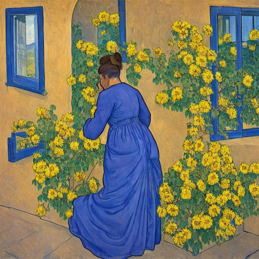 Image similar to a painting in the style of ferdinand hodler, a man looks through the window of an old house and sees a woman in a blue dress surrounded by sun flowers