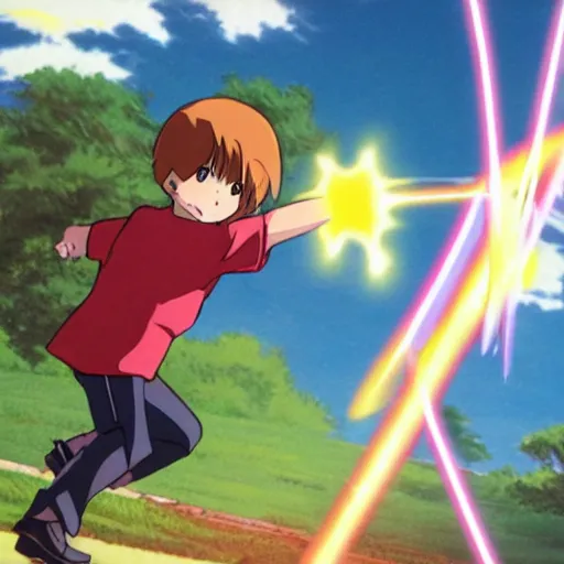 Image similar to a child launching a powerful beam attack, anime