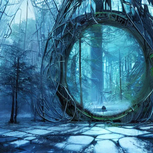 Image similar to frozen derelict portal in a middle of a snowy lush futuristic forest, green lush world seen only through a portal, daylight, cinematic lighting, blue sky, syd mead, john harris