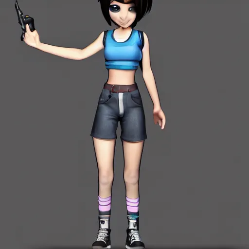 Prompt: Full body 3D rendering of a cute cartoon female character, she has short hair and wear boyish outfit, video game art, trending on artstation