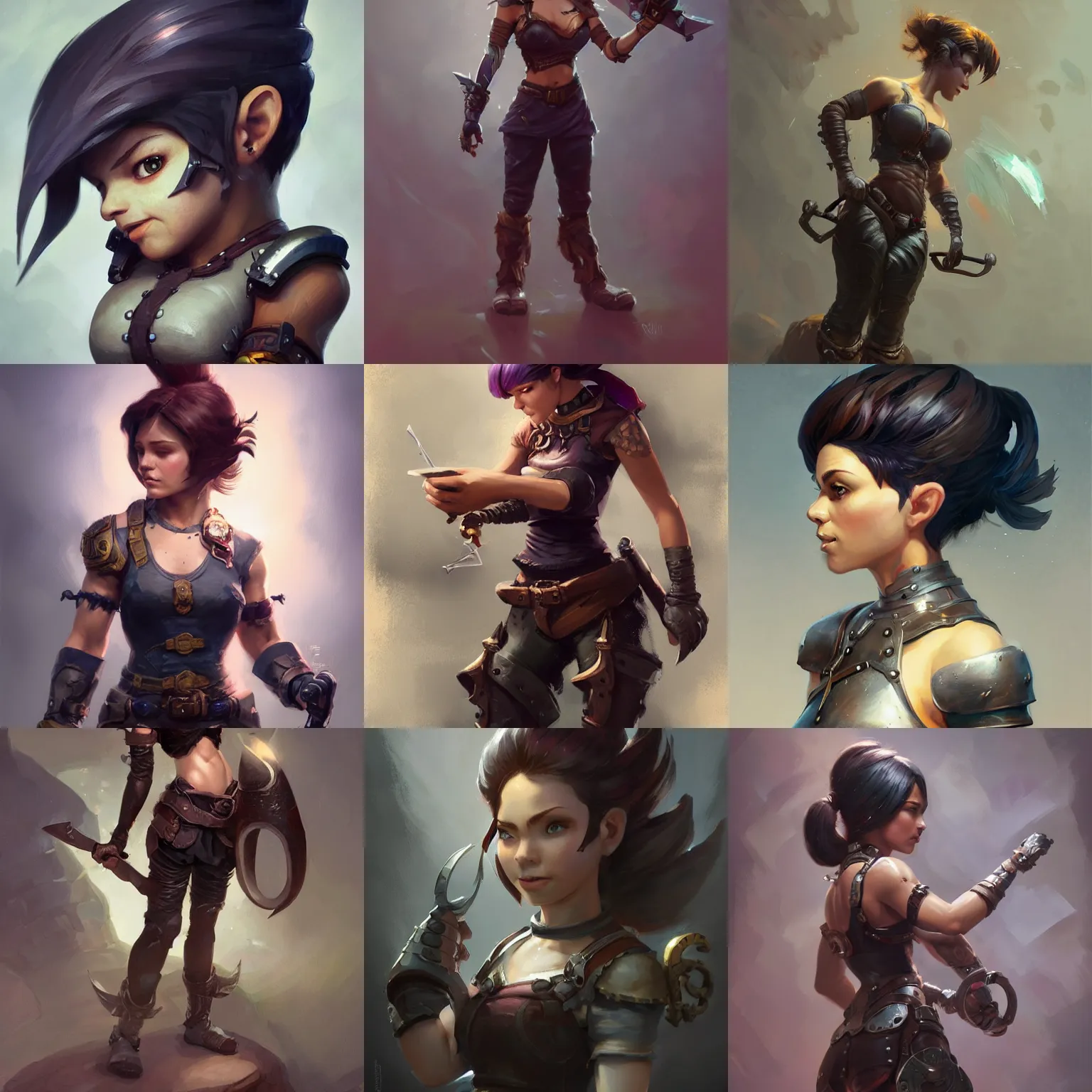 Prompt: beautiful muscular charming female gnome mechanic wearing full arm iron gauntlets, short black pixie undercut hair, intricate, fantasy magic, highly detailed, digital painting, artstation, smooth, sharp focus, great composition, illustration, art by Greg Rutkowski, trending on artstation