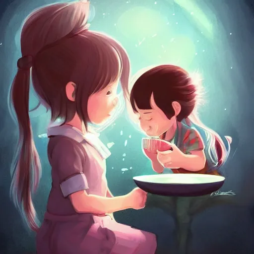 Prompt: little girl drinking tea with a friendly cryptid, digital art, artstation, studio ghibli, detailed face