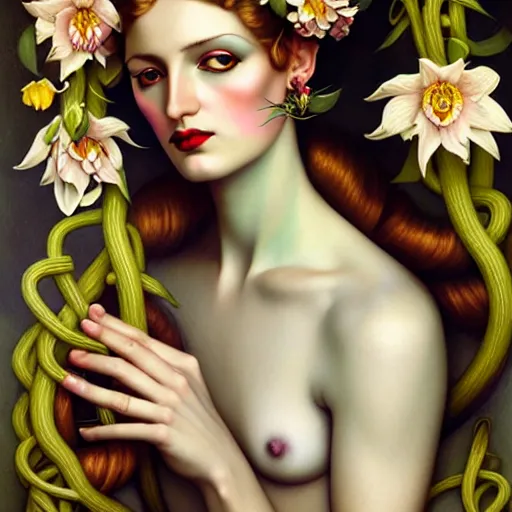 Image similar to dynamic composition, blonde woman with hair of spring flowers and vines wearing ornate earrings, ornate gilded details, pastel colors, a surrealist painting by tom bagshaw and jacek yerga and tamara de lempicka and jesse king, wiccan, pre - raphaelite, featured on cgsociety, pop surrealism, surrealist, dramatic lighting