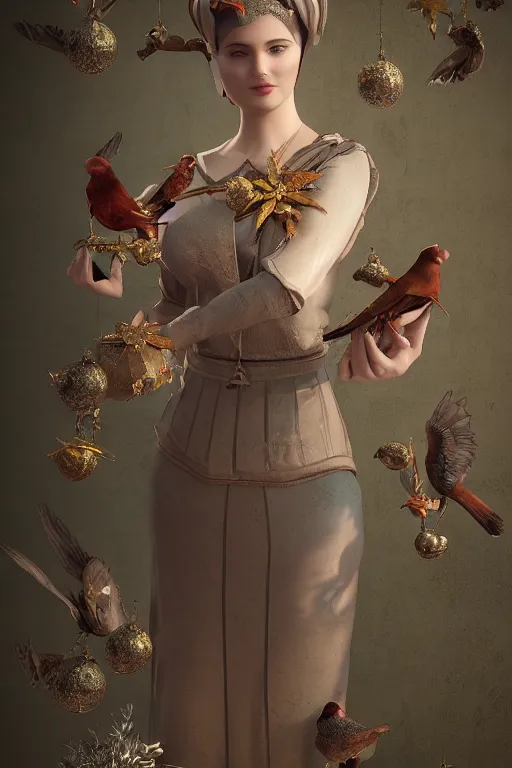 Image similar to zoom in 3 d render of english princess holding birds, ornaments, church, altar, dieselpunk, solarpunk, artstation, andrei riabovitchev