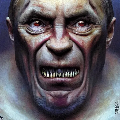 Image similar to vladimir putin, putin is bald caveman, vladimir putin awe face, toothless, saw teeth, reptile scary eyes, peeling skin, horror macabre face, clown nose, by donato giancola and greg rutkowski and wayne barlow and zdzisław beksinski, realistic face, digital art